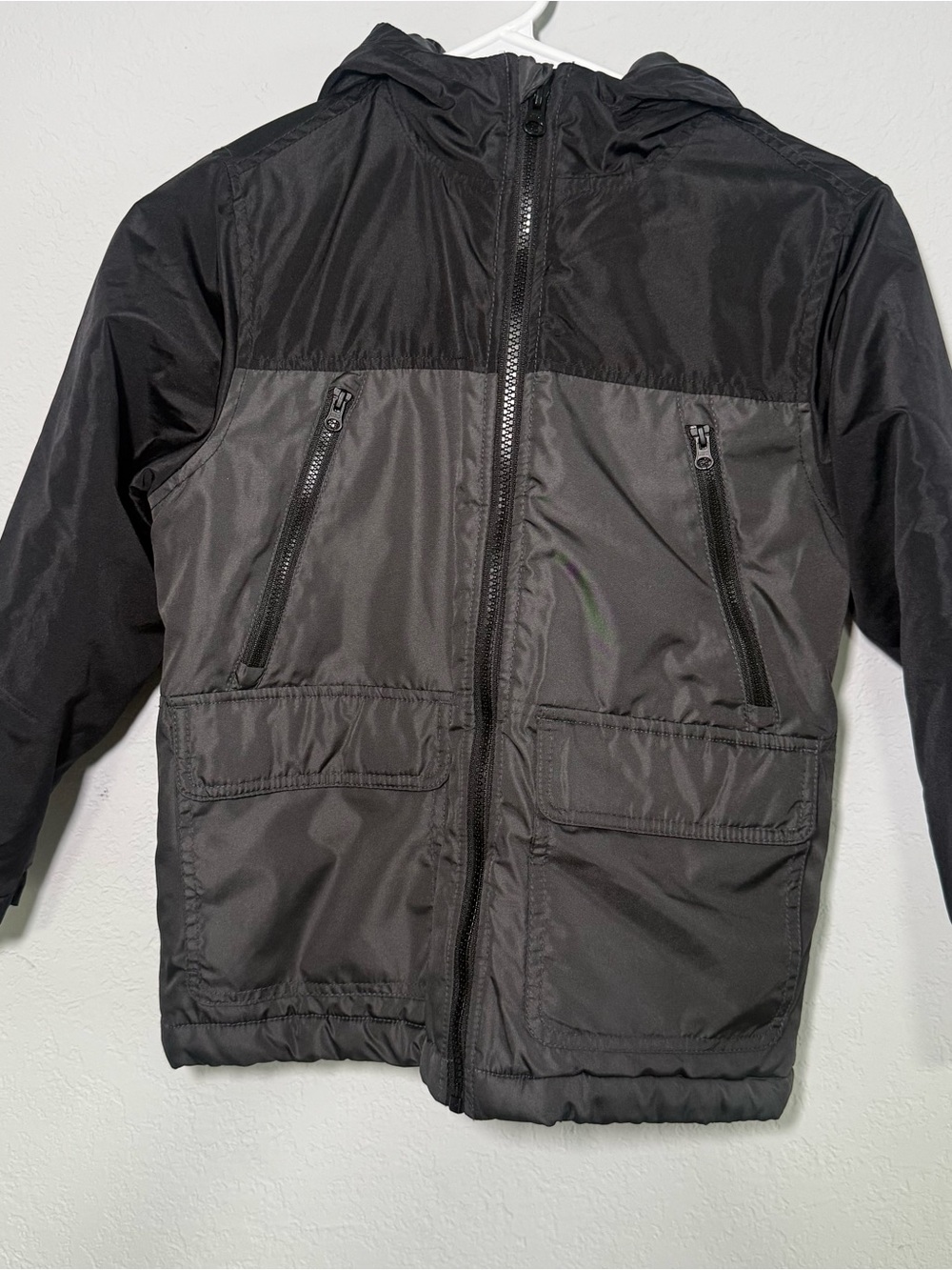 Old Navy Kids Black Gray Colorblock Hooded Utility Jacket Full Zip Windbreaker